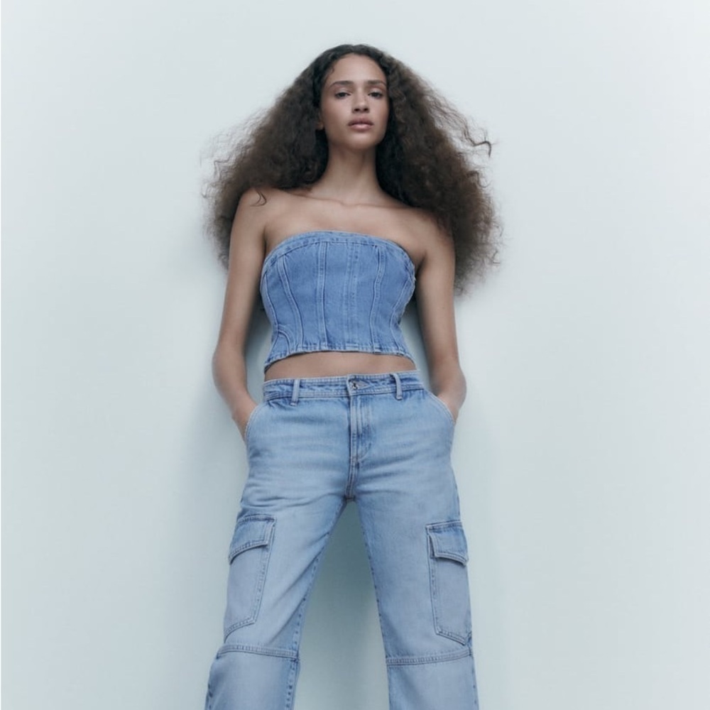 Zara Corset Inspired Denim Jean Sleeveless Crop Top - XS